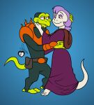  anthro beauty_mark canon_x_oc chameleon_(mighty_ducks) digit_ring duo embrace eye_contact female gepredators green_body green_scales hair hi_res husband_and_wife jewelry looking_at_another love male male/female markings married_couple mighty_ducks orange_eyes purple_eyes purple_hair reptile ring romantic romantic_couple sabrina_(kendraeevee) saurian_(disambiguation) scales scalie smile wedding_ring white_body white_scales 