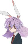  1girl animal_ears black_jacket blazer closed_mouth collared_shirt hair_between_eyes highres jacket long_hair necktie portrait purple_hair rabbit_ears red_eyes red_necktie reisen_udongein_inaba shirt simple_background solo staygold touhou white_background white_shirt 