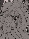  2girls eye_contact flandre_scarlet forehead-to-forehead greyscale heads_together highres horns looking_at_another looking_at_viewer medium_hair mizuga monochrome multiple_girls pointy_ears red_eyes sharp_teeth teeth touhou toutetsu_yuuma 