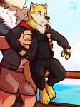  2023 5_fingers anthro bottomwear canid canine canis clothing digital_media_(artwork) duo faceless_anthro faceless_character faceless_male fingerless_gloves fingers gloves handwear hi_res holding_another jacket male mammal pants shorts topwear ventkazemaru wolf 