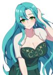  1girl aqua_hair blush braid breasts chloe_(fire_emblem) cleavage earrings fire_emblem fire_emblem_engage green_eyes hand_in_own_hair highres jewelry large_breasts long_hair looking_at_viewer momosuke_(user_pupa3454) official_alternate_costume side_braid simple_background smile solo very_long_hair 
