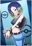  1girl absurdres artist_name ass bare_shoulders belt between_breasts black_belt black_choker black_vest blue_hair bob_cut breasts brown_eyes camera choker collarbone crop_top denim highres holding holding_camera jeans konsu_(konsu1182da) loose_hair_strand midriff off-shoulder_shirt off_shoulder pants perrin_(pokemon) photographer pokemon pokemon_(game) pokemon_sv ribbed_shirt shirt short_sleeves solo strap_between_breasts vest 