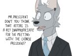  2023 anthro canid canine canis cheek_tuft dialogue digital_media_(artwork) english_text facial_tuft fur grey_body grey_fur mammal mangoyena notched_ear politics solo suit_and_tie text tuft wolf 