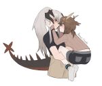  2girls arkiwi arknights black_shirt black_shorts blue_eyes blush brown_hair brown_pants brown_shirt carrying carrying_person cropped_legs dragon_girl dragon_horns dragon_tail glasses hands_on_another&#039;s_face highres horns infection_monitor_(arknights) multiple_girls oripathy_lesion_(arknights) owl_ears pants ponytail ribbed_shirt saria_(arknights) shirt short_hair short_ponytail shorts sidelocks silence_(arknights) simple_background smile socks tail white_background white_socks yellow_eyes yuri 
