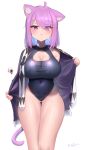  1girl :3 ahoge animal_ears ass_visible_through_thighs blue_hair blue_one-piece_swimsuit breasts cat_ears cat_girl cat_tail cleavage cleavage_cutout clothing_cutout colored_inner_hair covered_navel curvy gabai hair_over_one_eye highres hololive large_breasts medium_hair multicolored_hair nekomata_okayu nekomata_okayu_(6th_costume) one-piece_swimsuit onigirya_(nekomata_okayu) open_clothes open_shirt purple_eyes purple_hair simple_background solo swimsuit tail taut_clothes taut_swimsuit thigh_gap white_background 