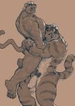  anthro bear_hug big_muscles big_penis black_hair curtis_wuedti duo embrace felid genitals hair hi_res hug humanoid humanoid_genitalia humanoid_penis male male/male mammal muscular nude pantherine pecs penis tiger 