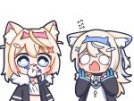  2girls :3 animal_ear_fluff animal_ears black_jacket blank_eyes blonde_hair blush crop_top dog_ears dog_girl eating eiul fuwawa_abyssgard hair_ornament hairclip highres hololive hololive_english jacket long_hair medium_hair midriff mococo_abyssgard multicolored_hair multiple_girls open_mouth siblings sisters streaked_hair surprised twins virtual_youtuber 