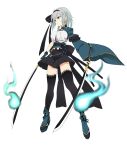  1girl alternate_costume aqua_eyes black_gloves black_hairband black_skirt black_thighhighs breasts commentary_request fingerless_gloves from_side full_body gloves grey_hair hairband hitodama holding holding_sword holding_weapon katana konpaku_youmu large_breasts long_sleeves multiple_swords parted_lips shirt short_hair simple_background skirt solo suiu_shinotsuku sword thighhighs touhou variant_set weapon white_background white_shirt wide_sleeves 