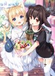  2girls :d animal_ears backpack bag bendy_straw black_hair blonde_hair blue_eyes blue_shorts blurry blurry_background blush bow brown_eyes bubble_tea cat_ears cat_girl cat_tail collarbone collared_dress commentary_request crepe cup cutoffs day depth_of_field disposable_cup double_bun dress drinking_straw food food_truck frilled_shirt_collar frills garter_straps hair_between_eyes hair_bow hair_bun highres holding holding_cup holding_food irori mole mole_under_eye multiple_girls original outdoors puffy_short_sleeves puffy_sleeves short_shorts short_sleeves shorts smile tail thighhighs twintails white_bow white_dress white_thighhighs 
