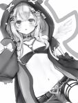  1girl :p absurdres amane_kanata amane_kanata_(6th_costume) angel_wings belt belt_collar buckle collar dot_nose flat_chest greyscale hair_between_eyes hair_ornament hairclip heart heart-shaped_buckle heart_o-ring highres hololive hood hood_up looking_at_viewer monochrome nanashi_(nlo) navel simple_background smile solo stomach tongue tongue_out wings x_hair_ornament 