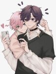  2boys black_hair black_shirt blue_eyes cellphone closed_mouth collar earrings highres holding holding_phone indie_virtual_youtuber iphone jewelry long_sleeves male_focus mmanohei multiple_boys phone pink_hair pink_shirt purple_eyes shirt short_hair shoto_(vtuber) smartphone smile virtual_youtuber white_shirt 