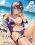  1girl :d absurdres bare_shoulders beach bikini blue_bikini blue_eyes blush breasts cleavage cloud collarbone day eyewear_on_head hair_intakes highres hololive hololive_english jacket knee_up large_breasts long_sleeves looking_at_viewer lying navel ocean off_shoulder on_back open_clothes open_jacket open_mouth ouro_kronii outdoors santafe99 short_hair skindentation smile solo stomach sunglasses swimsuit thigh_strap twitter_username water wet white_jacket 