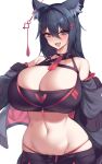  1girl :d animal_ears black_hair black_jacket blue_eyes breasts cleavage fang fox_ears groin hair_between_eyes hair_ornament hairclip highleg highleg_panties highres huge_breasts jacket kiri_(sub-res) kuavera long_hair looking_at_viewer midriff navel off_shoulder original panties red_panties skin_fang smile solo underwear 