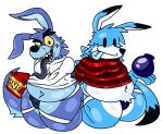  activision anthro balls belly blue_body bomberman bulge clothing crash_bandicoot_(series) crossover duo fur genitals kangaroo kerooi louies4dummies macropod male male/male mammal marsupial penis ripper_roo thick_thighs thong underwear wide_hips 