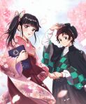  1boy 1girl black_cape black_hair black_headwear book butterfly_hair_ornament cape checkered_clothes checkered_kimono cherry_blossoms earrings floral_print hair_ornament hanafuda_earrings hand_grab hat holding holding_book japanese_clothes jewelry kamado_tanjirou kimetsu_no_yaiba kimono long_hair long_sleeves open_mouth pink_kimono purple_eyes red_eyes red_hair san_mon scar scar_on_face scar_on_forehead side_ponytail smile tsuyuri_kanao 