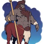  1boy abs animal_penis armlet bara beard body_fur centauroid chest_tuft collaboration_request dark-skinned_male dark_skin eyepatch facial_hair feet_out_of_frame frown highres horse_penis k0utato large_pectorals looking_ahead male_focus mature_male monster_boy muscular muscular_male navel navel_hair nipples orc original pectorals pelvic_curtain penis pointy_ears red_fur solo standing stomach strongman_waist taur thick_eyebrows tusks 