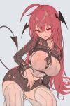 1girl absurdres ahoge alternate_costume breasts demon_tail harness head_wings highres koakuma large_breasts long_hair necktie open_mouth red_eyes red_hair shirt short_necktie simple_background sitting skirt solo tail thighhighs touhou very_long_hair white_shirt zerocat 