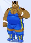  2023 anthro belly big_belly brown_body bulge humanoid_hands kemono male mammal musclegut overweight overweight_male shiba-kenta solo suid suina sus_(pig) wild_boar wrestling_singlet 
