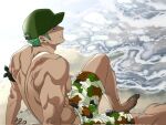  1boy back bandana_around_arm bara bare_pectorals baseball_cap beach camouflage dirty dirty_feet dirty_hands green_hair hat highres looking_at_viewer male_focus male_swimwear muscular muscular_male nipples on_ground one_piece parted_lips pectorals pinattsu roronoa_zoro scar scar_on_chest shore short_hair sitting solo swim_trunks topless_male twitter_username 