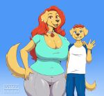  absurd_res anthro big_breasts blue_eyes breasts canid canine clothed clothing duo ear_piercing ear_ring female fully_clothed fur goldie_(mossist) gradient_background hair hi_res jewelry male mammal mature_female mossist mother_(lore) mother_and_child_(lore) mother_and_son_(lore) necklace parent_(lore) parent_and_child_(lore) parent_and_son_(lore) piercing red_eyes red_hair ring_piercing rosy_(mossist) simple_background smile son_(lore) yellow_body yellow_fur young 