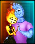  blue_body blue_eyes clothed clothing dress elemental_creature elemental_humanoid ember_lumen eyes_closed female fire fire_creature flaming_hair gradient_background humanoid lips liquid_hair male not_furry pseudo_hair shirt simple_background skeletalheart smile t-shirt teeth topwear wade_ripple water water_creature yellow_body 