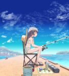  1girl ahoge bikini black_hair blue_archive bucket building chair cloud day fishing fishing_rod from_side full_body halo hat highres holding holding_fishing_rod hoshi_umi leaf leaf_on_head long_hair miyu_(blue_archive) miyu_(swimsuit)_(blue_archive) ocean outdoors pier red_eyes sandals scissors shadow sideways_mouth sitting solo starfish straw_hat swimsuit thermos weapon_case white_bikini 