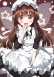  1girl apron brown_eyes brown_hair copyright_request dress fairy fairy_wings frilled_dress frilled_skirt frills highres knot maid maid_apron maid_headdress one-hour_drawing_challenge open_mouth ruu_(tksymkw) skirt star_(symbol) star_sapphire touhou wings 