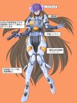  1girl brown_hair commentary_request commission cyborg fang full_body gun handgun helmet highres holding holding_gun holding_weapon joints koube_masahiko long_hair open_mouth orange_background original pixiv_commission robot_joints science_fiction solo translation_request two_side_up very_long_hair weapon 