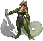  anthro armor axe barbarian big_tail clothing dragon female firenger flat_chested green_body hair horn long_tail melee_weapon muscular muscular_female red_hair reptile scales scalie simple_background solo standing tail warrior weapon white_background yellow_eyes 