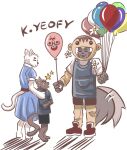  age_difference anthro barefoot bottomwear canid canine clothed clothing domestic_cat dress eyes_closed feet felid feline felis female flower footwear fully_clothed fursuit_head group hand_on_shoulder hi_res holding_balloon k-yeofy long_sleeve_shirt male mammal mascot_costume offering_to_another older_female older_male overalls pants plant reverse_furry shirt shoes shorts smile sneakers standing t-shirt tail tail_motion tailwag topwear trio young young_male younger_male 