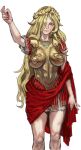  1girl arm_up armor blonde_hair borrowed_character breastplate breasts greco-roman_clothes hair_over_one_eye highres large_breasts laurel_crown legate_(centurii-chan) long_hair mossacannibalis muscle_cuirass original red_robe robe roman_armor roman_clothes roman_empire rome simple_background solo standing upper_body white_background yellow_eyes 