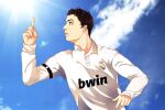  1boy closed_mouth cloud cloudy_sky cristiano_ronaldo day finger_gun hand_up hrsaky long_sleeves outdoors real_life real_madrid short_hair sky soccer soccer_uniform solo solo_focus sportswear uniform 