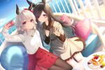  2girls animal_ears breasts brown_dress brown_hair brown_pantyhose cellphone closed_mouth cloud commentary couch curren_chan_(umamusume) dress feet_out_of_frame food grey_hair grin hair_over_one_eye highres holding holding_phone horizon horse_ears jewelry long_hair multiple_girls necklace ocean outdoors pancake pantyhose phone pillow plate purple_eyes red_skirt rice_shower_(umamusume) rukinya_(nyanko_mogumogu) selfie shirt shirt_tucked_in short_hair sitting skirt sleeves_past_wrists small_breasts smartphone smile symbol-only_commentary table umamusume v white_shirt 