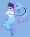  2019 anthro aurora_(nyanoraptor) big_breasts blue_background breasts butt digital_media_(artwork) eeveelution feet female generation_1_pokemon hair hand_on_tail hi_res horn long_tail looking_at_viewer nintendo nude paws pokemon pokemon_(species) purple_hair satanickpaws simple_background solo tail thick_thighs vaporeon 