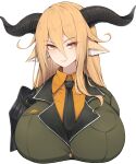  1girl absurdres animal_ears arknights black_necktie blonde_hair breasts collared_shirt commentary_request degenbrecher_(arknights) goat_ears goat_girl goat_horns green_jacket hair_between_eyes highres horns jacket large_breasts light_blush looking_at_viewer messy_hair military_uniform necktie orange_shirt parted_lips portrait rikuguma shirt shoulder_guard solo uniform 
