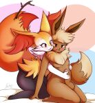  2023 anthro balls bed blush braixen brown_body canid canine digital_media_(artwork) duo eevee erection female fox fur furniture generation_1_pokemon generation_5_pokemon generation_6_pokemon genitals hair handjob handjob_from_behind hi_res humanoid humanoid_genitalia humanoid_penis inner_ear_fluff male male/female mammal nachan nintendo nipples nude on_bed on_bedding open_mouth penile penis pokemon pokemon_(species) pokemorph sex simple_background smile tail tuft white_body white_fur yellow_body yellow_fur 