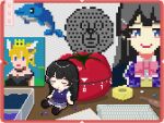  1girl alice_mikan arts_and_crafts black_dress black_hair black_jacket blazer blue_eyes blue_sweater_vest blush_stickers border bow bowsette bowtie chibi closed_eyes closed_mouth commentary_request container copyright_request crown dolphin dress fuse_beads grey_skirt hair_ornament hairclip highres horns jacket kairu_the_dolphin long_hair mario_(series) microsoft_office mini_person minigirl new_super_mario_bros._u_deluxe nijisanji on_table pink_bow pink_bowtie pixel_art ponytail red_border school_uniform shirt sitting skirt sleeping sleeping_upright smile solo sweater_vest table tanasinn tape tomato tsukino_mito tweezers virtual_youtuber white_shirt 
