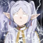  1girl capelet closed_mouth earrings elf fikkyun frieren glowing glowing_eyes grey_hair jewelry light_frown lightning long_hair meme pointy_ears shirt solo sousou_no_frieren striped striped_shirt twintails white_capelet you_should_kill_yourself_now_(meme) 