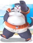  anthro belly blush bottomwear canid canine canis clothing domestic_dog eyebrows footwear fur grey_body grey_fur harima hi_res male mammal moobs navel nipples overweight sandals shorts solo swim_ring swimwear tamacolle thick_eyebrows yamacon0105 