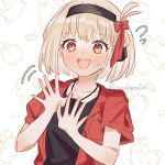  1girl black_hairband black_shirt blonde_hair blush bob_cut bow collarbone commentary_request embarrassed hair_bow hairband highres jewelry looking_at_viewer lycoris_recoil neck_blush necklace nishikigi_chisato one_side_up open_mouth red_bow red_eyes red_shirt shirt short_hair short_sleeves solo souda_(soudaco1a) sweatdrop teeth twitter_username upper_body upper_teeth_only 