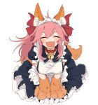  absurdres animal_ears animal_hands antenna_hair apron bell black_dress bow cat_paws closed_eyes dress facing_viewer fangs fate/grand_order fate_(series) fox_ears fox_girl fox_tail frilled_apron frilled_skirt frills gloves hair_between_eyes hair_bow highres jingle_bell kaigan0211 light_blush long_hair maid maid_headdress neck_bell open_mouth paw_gloves petticoat pink_hair ponytail puffy_short_sleeves puffy_sleeves red_bow short_sleeves simple_background skirt smile tail tamamo_(fate) tamamo_cat_(fate) tamamo_cat_(second_ascension)_(fate) white_apron white_background 
