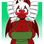  anthro apron apron_only blush breasts chilly_pepper cleavage clothed clothing curled_hair dragon equid equine fan_character female hair hasbro hi_res horn hybrid kloudmutt looking_at_viewer mammal membrane_(anatomy) membranous_wings my_little_pony red_body red_eyes smile unicorn white_hair wide_eyed wings 