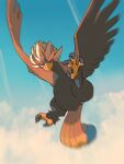  above_clouds animal_focus bird blurry braviary cloud commentary_request day flying grey_eyes highres looking_at_viewer outdoors pokemon pokemon_(creature) ron_(skfa8772) talons 