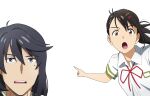  1boy 1girl absurdres black_hair blue_eyes brown_eyes commentary_request hair_ornament highres meme mole mole_under_eye munakata_souta open_mouth poorunii school_uniform suzume_(suzume_no_tojimari) suzume_no_tojimari two_soyjaks_pointing_(meme) upper_body x_hair_ornament 