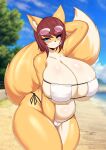  anthro belly big_breasts big_tail bikini blue_eyes blush breasts brown_hair camel_toe canid canine chubby_anthro chubby_female cleavage clothed clothing curvy_figure eyewear eyewear_on_head female fox hair hana_(keep0621) hi_res huge_breasts mammal multicolored_body navel side-tie_bikini side_boob slightly_chubby solo standing string_bikini sunglasses sunglasses_on_head swimwear tail tailzkim thick_thighs two_tone_body under_boob voluptuous white_bikini white_body white_clothing white_swimwear wide_hips yellow_body 