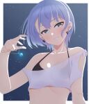 1girl absurdres aqua_eyes bikini bikini_top_only black_bikini blue_hair blue_nails border bow bow_earrings breasts crop_top earrings grin highres holding holding_jewelry holding_necklace hololive hoshimachi_suisei jewelry loeldrive looking_at_viewer necklace off-shoulder_shirt off_shoulder outside_border shirt short_hair sky small_breasts smile solo star_(sky) star_(symbol) star_in_eye starry_sky swimsuit symbol_in_eye upper_body virtual_youtuber white_border white_shirt 