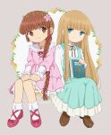  2girls artist_name bangs blonde_hair blue_dress blue_eyes blunt_bangs book braid brown_eyes brown_footwear brown_hair dress flower hair_flower hair_ornament highres invisible_chair jewelry juju_coo_shnamur kukuri_(mahoujin_guruguru) long_hair long_sleeves mahoujin_guruguru multiple_girls necklace pink_dress pink_footwear ponto1588 simple_background sitting smile very_long_hair 