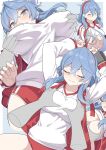  1girl ako_(blue_archive) blue_archive blue_background blue_eyes blue_hair breast_grab breasts buruma closed_eyes disembodied_limb grabbing gym_uniform hair_between_eyes halo highres large_breasts medium_breasts multiple_views red_buruma shirt shiseki_hirame simple_background white_shirt 