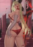  1girl absurdres ass bikini blonde_hair breasts elbow_gloves fate/grand_order fate_(series) from_behind gloves highres horns kakeku large_breasts long_hair looking_at_viewer looking_back nero_claudius_(fate) parted_lips pointy_ears queen_draco_(fate) red_bikini red_eyes smile swimsuit thighs underboob weapon white_gloves 
