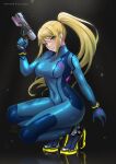  1girl blonde_hair blue_bodysuit blue_eyes bodysuit breasts covered_navel full_body gun handgun high_heels high_ponytail highres holding holding_gun holding_weapon large_breasts long_hair looking_at_viewer metroid mole mole_under_mouth parted_lips patreon_username plasma_pistol ryuuneart samus_aran sidelocks skin_tight solo squatting thighs very_long_hair weapon zero_suit 